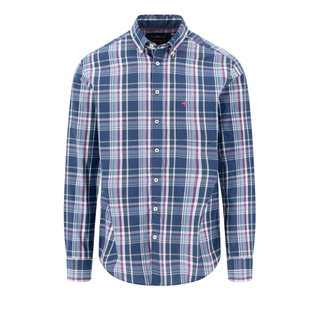 A men's long-sleeve button-down shirt in a blue, white, and pink plaid pattern, featuring a small embroidered logo on the left chest.
