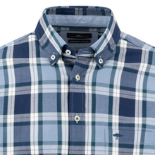 Load image into Gallery viewer, A close-up of a men's button-down shirt by The Fletcher Collection, featuring a blue, navy, and white plaid pattern with a single chest pocket.
