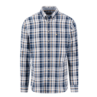 A men's long-sleeve button-down shirt in a navy blue, white, and beige plaid pattern, shown on a clean white background.