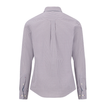 Load image into Gallery viewer, A women's long-sleeve button-down shirt shown from the back, featuring a subtle micro-pattern in light purple and white, with a pointed collar and buttoned cuffs.
