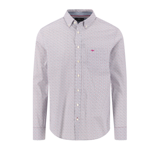 A men's long-sleeve button-down shirt with a small geometric pattern in pink and white, featuring a chest pocket with a pink embroidered logo.