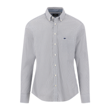 Load image into Gallery viewer, A long-sleeve button-down shirt with a fine micro-pattern of small blue and white dots on a light gray base, featuring a small navy embroidered logo on the left chest.
