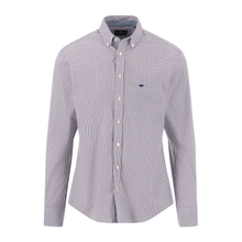 Load image into Gallery viewer, A long-sleeve button-down shirt with a small-scale red and white micro-check pattern, featuring a classic collar, white buttons, and a small navy blue embroidered logo on the left chest.
