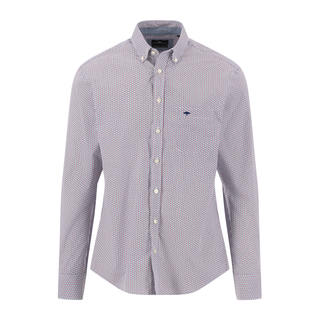 A long-sleeve button-down shirt with a small-scale red and white micro-check pattern, featuring a classic collar, white buttons, and a small navy blue embroidered logo on the left chest.