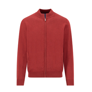 A red knit zip-up jacket with a stand collar, long sleeves, and side pockets, shown against a plain white background.