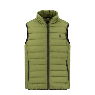 An olive green puffer vest with a full-zip front, stand-up collar, and black zipper accents, shown against a plain white background.