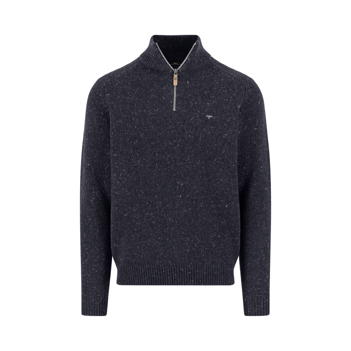 Dark gray sweater with a quarter zip on a white background