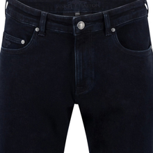 Load image into Gallery viewer, Close-up of dark navy blue denim jeans showing the front waistband, belt loops, button closure, and front pockets.
