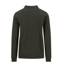 Load image into Gallery viewer, A dark olive green long-sleeve polo shirt shown from the back, displayed on a clean white background.
