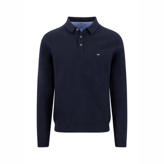 Navy long-sleeve polo shirt with brand logo on a white background