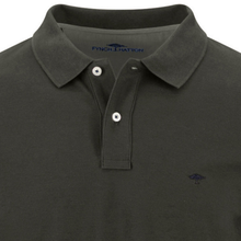 Load image into Gallery viewer, Close-up of a dark olive green polo shirt by Finch &amp; Nation, showing the collar, two-button placket, and a small embroidered logo on the chest.
