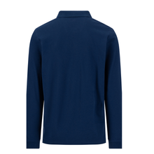 Load image into Gallery viewer, A dark navy blue long-sleeve polo shirt shown from the back, displayed on a clean white background.
