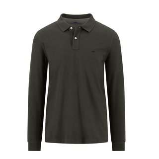 A dark olive green long-sleeve polo shirt shown from the back, displayed on a clean white background.