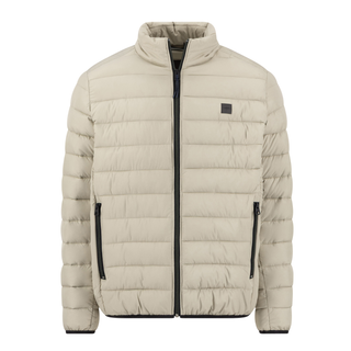 A light beige puffer jacket with black zippers and a small black square logo patch on the left chest, shown against a plain white background.