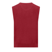 Load image into Gallery viewer, A sleeveless crewneck knit sweater vest in a heathered dark red color, shown flat against a solid white background.
