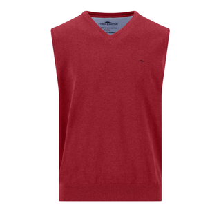 A red sleeveless V-neck knit sweater vest with a small embroidered logo on the left chest, displayed on a clean white background.