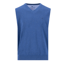 Load image into Gallery viewer, A heather blue sleeveless V-neck sweater vest with a small embroidered logo on the left chest, displayed on a clean white background.
