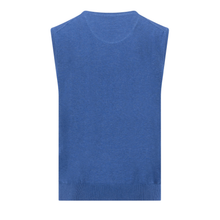 Load image into Gallery viewer, A heathered blue sleeveless knit sweater vest with a crew neck and ribbed hem, shown flat against a solid white background.
