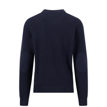 Load image into Gallery viewer, A dark navy blue ribbed knit sweater with elbow patches, shown from the back on a plain white background.
