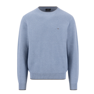 A light blue knit crewneck sweater with a small embroidered bird logo on the left chest, displayed on a clean white background.