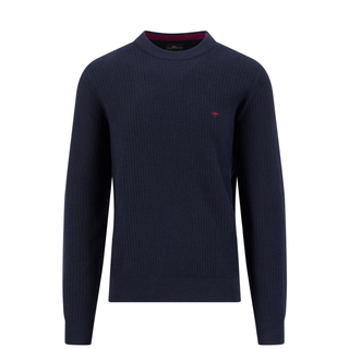 A navy blue ribbed knit crewneck sweater with a small red embroidered logo on the left chest, displayed on a clean white background.