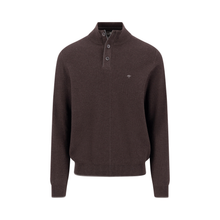 Load image into Gallery viewer, A dark brown long-sleeve knit sweater with a mock neck and three-button placket, shown on a plain white background.
