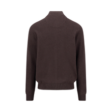 Load image into Gallery viewer, A dark brown knit sweater with a mock neck and ribbed cuffs and hem, shown from the back on a plain white background.
