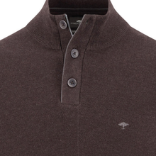 Load image into Gallery viewer, Close-up of a dark brown knit polo sweater with a three-button placket and a small embroidered umbrella logo on the left chest.
