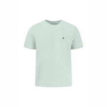 Load image into Gallery viewer, Light green t-shirt with a small black logo on a white background
