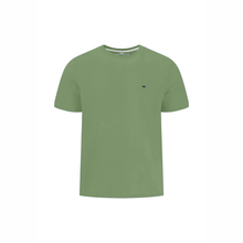 Load image into Gallery viewer, Green t-shirt with a small black logo on a white background
