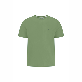 Green t-shirt with a small black logo on a white background