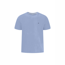 Load image into Gallery viewer, Light blue t-shirt with a small black logo on a white background

