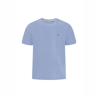 Light blue t-shirt with a small black logo on a white background