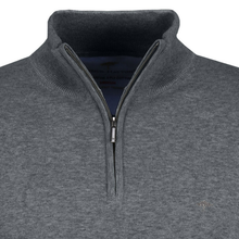 Load image into Gallery viewer, Close-up of a dark gray heathered quarter-zip knit sweater with a ribbed mock neck collar and a small embroidered logo on the chest.
