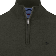 Load image into Gallery viewer, Close-up of a dark olive green quarter-zip knit sweater with a ribbed mock neck collar and a small embroidered tree logo on the left chest.
