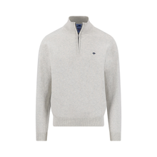 Load image into Gallery viewer, A white quarter-zip pullover sweater with a small navy embroidered bird logo on the left chest, displayed on a solid white background.
