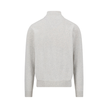 Load image into Gallery viewer, A white knit sweater with a mock neck and ribbed hem and cuffs, shown from the back on a plain white background.
