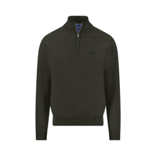 Load image into Gallery viewer, A dark olive green quarter-zip knit sweater with a small embroidered logo on the left chest, displayed on a solid white background.
