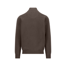 Load image into Gallery viewer, A dark brown knit sweater with a mock neck collar, shown from the back on a plain white background.
