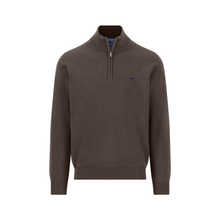 Load image into Gallery viewer, A dark brown quarter-zip knit sweater with a small blue embroidered logo on the left chest, displayed on a clean white background.
