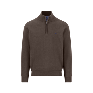 A dark brown quarter-zip knit sweater with a small blue embroidered logo on the left chest, displayed on a clean white background.