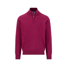 Load image into Gallery viewer, A men's magenta half-zip pullover sweater with a ribbed mock neck, cuffs, and hem, featuring a small embroidered logo on the left chest, shown against a plain white background.
