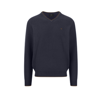 A dark navy blue ribbed knit sweater with a V-neck collar, featuring a small embroidered horse logo on the left chest and subtle tan contrast stitching along the collar, cuffs, and hem.