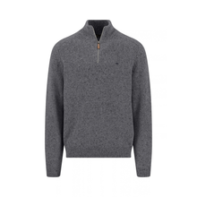 Load image into Gallery viewer, A dark gray heathered knit quarter-zip sweater with a stand collar, ribbed cuffs and hem, and a small embroidered logo on the left chest, shown on a plain white background.
