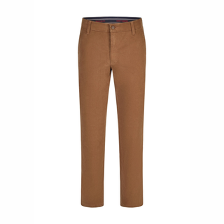 A pair of men's straight-leg trousers in a warm brown or camel color, shown flat against a solid white background.