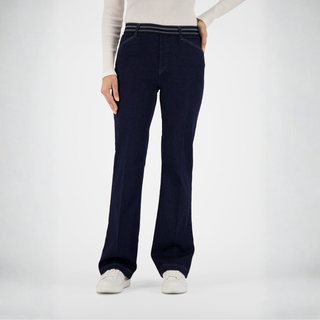 Dark denim pants on a light gray background
