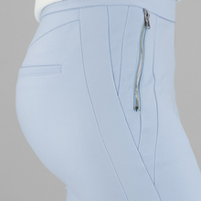 Load image into Gallery viewer, Side profile of powder blue zene28 from Gardeur. Side slant zip and clear image of the flattering panel cut on the side of the trouser
