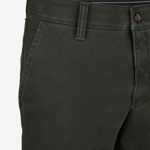 Load image into Gallery viewer, Dark green pants with a belt and button on a white background
