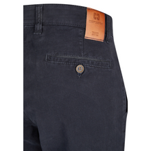 Load image into Gallery viewer, Dark Navy pants with a leather patch and button on a white background
