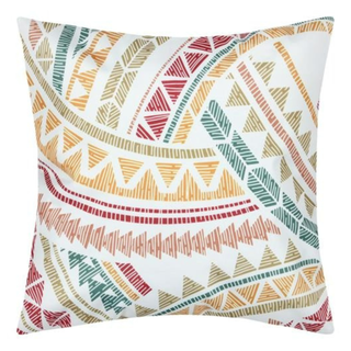 A square throw pillow featuring a colorful geometric tribal pattern on a white background.